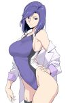  1girl absurdres bob_cut breasts character_request closed_mouth competition_swimsuit copyright_request cowboy_shot dress_shirt flat_color hand_on_hip harukon_(halcon) highleg highleg_swimsuit highres large_breasts looking_at_viewer one-piece_swimsuit open_clothes purple_eyes purple_hair shirt short_hair simple_background solo swimsuit thigh_strap white_background work_in_progress 