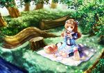  apple basket blanket brown_eyes brown_hair cake cup dog dress food fork fruit grass hair_ribbon long_hair moyashi_n0_mori nature original outdoors picnic picnic_basket plate ribbon river slice_of_cake smile socks solo strawberry strawberry_shortcake teacup tree tree_stump water 