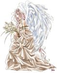  1girl 90s angel angel_wings bare_shoulders bouquet dress feathered_wings flower from_side full_body jewelry necklace original profile red_hair shiina_satsuki signature sleeveless sleeveless_dress solo wheat white_dress wings wreath 