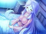  1girl aozora_stripe astronauts bed blush bottle breasts collarbone eyes_closed game_cg long_hair mizutani_sumire night open_mouth pajamas pillow piromizu purple_hair smile 