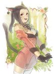  animal_ears bare_shoulders breasts brown_hair cat_ears cat_tail cleavage detached_collar earrings facial_mark final_fantasy final_fantasy_xiv flower forehead forest gloves interlocked_fingers jewelry medium_breasts miniskirt miqo'te mole moryo nature open_mouth red_eyes rose skirt smile tail thighhighs 