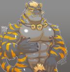  2019 abs anthro biceps black_fur digital_media_(artwork) eye_patch eyewear felid fur half-length_portrait jewelry looking_at_viewer male mammal muscular muscular_male necklace nipples nude pantherine pecs penis penis_base portrait pubes scar simple_background smile solo stripes thick_penis tiger v2wolf yellow_eyes yellow_stripes 