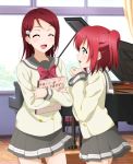  2girls :d ^_^ bangs book clenched_hands closed_eyes commentary_request curtains day eyes_closed grand_piano green_eyes grey_skirt hair_ornament hairclip hands_up highres holding holding_book indoors instrument kurosawa_ruby kuusuke_(yo_suke39) long_hair long_sleeves looking_at_another love_live! love_live!_sunshine!! miniskirt multiple_girls open_mouth piano piano_bench pleated_skirt red_hair sakurauchi_riko school_uniform serafuku short_hair skirt smile translation_request two_side_up uranohoshi_school_uniform window 