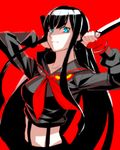  bad_id bad_pixiv_id bangs banned_artist black_hair blue_eyes breasts cosplay dual_wielding eyebrows fingerless_gloves gloves holding kill_la_kill kiryuuin_satsuki large_breasts long_hair matoi_ryuuko matoi_ryuuko_(cosplay) midriff red_background reverse_grip s_tanly senketsu single_glove solo spoilers suspenders thick_eyebrows 