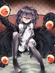  asutora black_hair blush cyclops elbow_gloves extra_eyes eyes gazer_(monster_girl_encyclopedia) gloves grey_skin hand_on_own_chest highres looking_at_viewer masturbation monster_girl monster_girl_encyclopedia on_bed one-eyed red_eyes sitting solo tentacles thighhighs torn_clothes yellow_sclera 