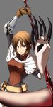  armor brown_hair claws gloves grey_background highres hiro_(spectral_force) holding holding_scythe maabou pointy_ears red_eyes scythe serious short_hair single_glove solo spectral_(series) spectral_force 
