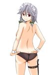  ass back bad_id bad_pixiv_id black_panties braid breasts hand_on_hip holster izayoi_sakuya knife looking_back maid_headdress medium_breasts panties red_eyes short_hair silver_hair solo thigh_holster topless touhou twin_braids underwear underwear_only zetsumame 