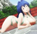  1girl arm_support bare_shoulders blue_hair blush breast_rest breasts brown_eyes chin_rest collarbone dutch_angle female fence fingernails hair_between_eyes hair_intakes hands head_tilt jewelry large_breasts legs long_fingernails long_hair looking_at_viewer lying maken-ki! navel nijou_aki o-ring_bikini o-ring_bottom on_ground open_mouth outdoors pendant rock screencap shiny shiny_hair shiny_skin sky sling_bikini smile solo stitched sweat swimsuit swimsuit_aside thighs tree 