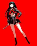  alternate_costume bad_id bad_pixiv_id bangs banned_artist bare_legs black_hair blue_eyes boots cosplay dual_wielding eyebrows fingerless_gloves full_body gloves holding kill_la_kill kiryuuin_satsuki knife long_hair matoi_ryuuko matoi_ryuuko_(cosplay) midriff navel red_background s_tanly senketsu short_sword single_glove solo spoilers suspenders sword thick_eyebrows weapon 