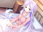  1girl aozora_stripe astronauts bed blush breasts brown_eyes collarbone game_cg long_hair mizutani_sumire pajamas pillow piromizu purple_hair 