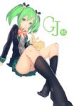  black_legwear chips copyright_name food food_in_mouth gj-bu green_eyes green_hair izumi_sai kannazuki_tamaki legs mouth_hold panties potato_chips school_uniform short_hair simple_background socks solo twintails underwear white_background white_panties 