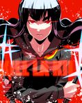  alternate_costume alternate_eye_color bad_id bad_pixiv_id bangs banned_artist black_hair copyright_name cosplay dual_wielding eyebrows holding kill_la_kill kiryuuin_satsuki knife light_trail long_hair matoi_ryuuko matoi_ryuuko_(cosplay) red_background red_eyes reverse_grip s_tanly senketsu solo thick_eyebrows 