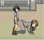  1boy 1girl animated animated_gif ass brown_hair buttjob formal kariyume looking_back lowres office_lady penis pixel_art suit zinger_(excess_m) 