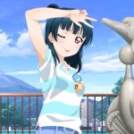  1girl ;p arm_up badge bangs blue_hair button_badge collared_shirt commentary_request day hair_bun highres kuusuke_(yo_suke39) long_hair looking_at_viewer love_live! love_live!_sunshine!! one_eye_closed outdoors purple_eyes railing shirt short_sleeves solo statue striped striped_shirt tongue tongue_out tsushima_yoshiko upper_body w 