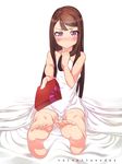  bangs bare_shoulders barefoot bed_sheet blush brown_hair covering embarrassed feet foreshortening full-face_blush gift highres incoming_gift long_hair naked_sheet original outstretched_hand purple_eyes sitting solo sweat swept_bangs utako623 valentine 