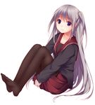  grey_hair itou_nanami leg_hug long_hair looking_at_viewer no_shoes original pantyhose purple_eyes school_uniform serafuku sitting smile solo two_side_up v_arms white_background 