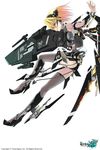  arm_up bad_id bad_pixiv_id bare_shoulders blonde_hair boots detached_sleeves garter_straps gun hairband highres kawanakajima machinery mecha_musume mechanical_wings million_chain navel official_art red_eyes short_hair shorts simple_background solo thighhighs weapon white_background wings 