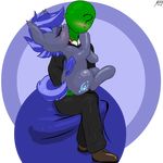  anonymous bat_pony bat_wings blood blue_hair blush clothing cutie_mark duo equine eyes_closed female feral hair holding horse human male mammal my_little_pony original_character pony shinekolt sitting straight suit two_tone_hair wings 