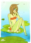  artist barefoot blue_eyes blush breasts clothed clothing female fly frog frogela glider_(artist) green_skin lily_pad skimpy solo swamp underwear water 