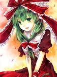  arm_ribbon bow front_ponytail green_eyes green_hair hair_bow kagiyama_hina kutsuki_kai open_mouth petals puffy_sleeves ribbon shirt short_sleeves skirt smile solo touhou v_arms 