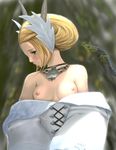  blonde_hair breasts final_fantasy final_fantasy_xiv forest green_eyes hair_up highres horns jewelry kan-e-senna nature necklace nipples off_shoulder piroshiky small_breasts tears 
