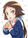  blush brown_eyes brown_hair eating food food_on_face highres holding_pizza jpeg_artifacts long_hair looking_at_viewer michairu mikakunin_de_shinkoukei mitsumine_mashiro open_mouth pizza ponytail school_uniform short_hair_with_long_locks slice_of_pizza solo star starry_background yellow_eyes 