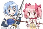  blue_eyes blue_hair bow bow_(weapon) cape gloves hair_bow kaname_madoka magical_girl mahou_shoujo_madoka_magica miki_sayaka multiple_girls pink_eyes pink_hair short_hair short_twintails simple_background smile sword twintails u_u_(mooooooou) weapon white_background 