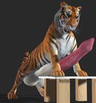  3d animal_genitalia balls big_balls big_penis cgi erection feline feral fur grey_background huge_penis hyper looking_at_viewer male mammal orange_fur penis plain_background pose solo table tapiko tiger white_fur wood 