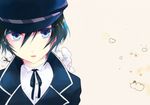  androgynous blue_eyes blue_hair cabbie_hat flower hat persona persona_4 reverse_trap ribbon school_uniform shinocco shirogane_naoto short_hair solo 