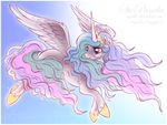  equine female flying friendship_is_magic fur hair horn mammal multi-colored_hair my_little_pony princess_celestia_(mlp) purple_eyes solo stepandy watermark white_fur winged_unicorn wings 