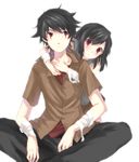  1boy 1girl brother_and_sister brown_hair expressionless hug hug_from_behind indian_style long_hair looking_away peeking_out red_eyes shigure_shou shirt siblings simple_background sister_(.flow) sitting smile_(.flow) tattoo 
