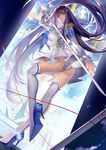  ass ass_cutout dutch_angle full_body junketsu kill_la_kill kiryuuin_satsuki long_hair miyazaki_byou panties pantyshot purple_eyes purple_hair skirt solo standing standing_on_one_leg sword thighhighs underwear uniform upskirt weapon white_legwear white_panties white_skirt 