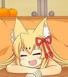  animal_ear_fluff animal_ears bangs blonde_hair blush closed_eyes fang food fox_ears fruit hair_ornament kitsune kotatsu long_hair lying mandarin_orange mon-musu_quest! monster_girl open_mouth sidelocks solo table tamamo_(mon-musu_quest!) tokager 