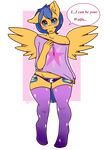  alpha_channel anthro anthrofied arnachy blue_eyes blue_hair blush clothing crossgender cutie_mark dialog english_text equestria_girls equine female flash_sentry_(eg) fur hair horse legwear mammal my_little_pony panties pegasus plain_background pony shirt solo stockings text transparent_background underwear wings yellow_fur 