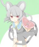  animal_ears bad_id bad_pixiv_id dress ellipsis_(mitei) fingernails food fork giving grey_hair hand_on_own_thigh highres jewelry leaning_forward looking_at_viewer meat mouse_ears mouse_tail nazrin pendant red_eyes short_hair smile solo tail touhou two-tone_background wind 