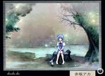  absurdres akasaka_aka animal artist_name barefoot blue_dress blue_eyes blue_hair bow cirno dress fairy forest hair_ribbon highres huge_filesize ice ice_wings lake landscape looking_at_viewer mouse nature puffy_sleeves ribbon scan shirt short_hair short_sleeves sitting smile solo text_focus touhou tree water white_shirt wings 