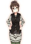  7zu7 akizuki_ritsuko brown_eyes brown_hair folded_ponytail glasses hands_on_hips idolmaster idolmaster_(classic) looking_at_viewer short_hair simple_background smile solo striped white_background 