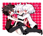  1girl 2boys bad_id bad_pixiv_id bleeding blood bob_cut hug kaibutsu kiss multiple_boys one_eye_closed red_eyes rooseputo_02 sabitsuki school_uniform short_hair short_sleeves sleeveless sleeveless_turtleneck smile_(.flow) tears turtleneck white_hair wince 