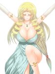  blonde_hair blue_dress blush breasts ceres_(uncraft_me!) cleavage dress eyes_closed female hair_ornament uncraft_me! 