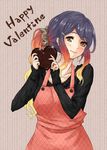  alternate_costume alternate_hairstyle apron chocolate chocolate_heart contemporary happy_valentine heart hijiri_byakuren long_hair long_sleeves looking_at_viewer mayoln multicolored_hair ponytail purple_hair smile solo sweater touhou valentine yellow_eyes 