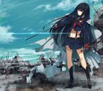  black_hair blue_eyes boots cloud cosplay crop_top crop_top_overhang day debris fingerless_gloves frown gloves katana kazutake_hazano kill_la_kill kiryuuin_satsuki long_hair matoi_ryuuko matoi_ryuuko_(cosplay) midriff navel school_uniform senketsu single_glove skirt sky spoilers suspenders sword wakizashi weapon 