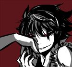  1boy black_hair black_sclera hands monochrome night_(nightmargin) out_of_frame red_eyes simple_background sketch smile_(.flow) smirk solo_focus spot_color 