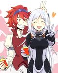  1girl aila_jyrkiainen bodysuit brown_eyes closed_eyes eyewear_on_head grin gundam gundam_build_fighters jewelry long_hair necklace nis_3 red_hair reiji_(gundam_bf) short_hair silver_hair smile sunglasses v very_long_hair 