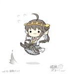  :3 ahoge arms_up bad_id bad_pixiv_id boots bow brown_hair chibi flying_sweatdrops hair_bun hairband headgear highres japanese_clothes kantai_collection kongou_(kantai_collection) legs_up long_hair nontraditional_miko ribbon-trimmed_sleeves ribbon_trim shadow simple_background skirt solo thigh_boots thighhighs translation_request white_background yuasan 
