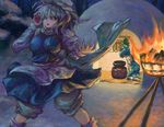  blue_hair breasts cape cellphone cirno cooking dress fire hand_up hat highres large_breasts letty_whiterock multiple_girls night phone pot short_hair silver_hair sitting snow snowing standing syuraime_0 torch touhou 