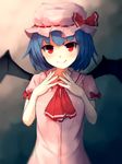  ascot bat_wings blue_hair dress fang hands_on_own_chest hat hat_ribbon highres looking_at_viewer mob_cap pink_dress puffy_sleeves red_eyes remilia_scarlet ribbon shone short_sleeves smile solo touhou wings 
