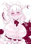  :d alcohol alternate_breast_size armpits blush bow breasts chain drooling earrings full-face_blush gourd hair_bow horns huge_breasts ibuki_suika jewelry long_hair looking_at_viewer monochrome oni open_mouth saliva shirt sidelocks skirt smile solo sweat takatoo_kurosuke touhou upper_body white_background 