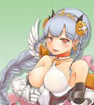  bangs bare_shoulders blush braid breast_slip breasts cross cross_earrings detached_collar detached_sleeves earrings fantasy gauntlets hairband halterneck jewelry large_breasts light_valkyrie_(p&amp;d) long_hair naughty_face nipples one_breast_out open_mouth orange_eyes puzzle_&amp;_dragons ronickenying silver_hair solo tri_braids valkyrie_(p&amp;d) 