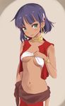  bandeau bracelet breasts dark_skin earrings fushigi_no_umi_no_nadia green_eyes hair_ornament hoop_earrings jewelry medium_breasts nadia navel neck_ring pelvic_curtain purple_hair short_hair solo underboob vest wa_(genryusui) 