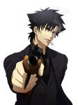  aiming_at_viewer black_eyes black_hair black_shirt cigarette emiya_kiritsugu facial_hair fate/zero fate_(series) german_minzoku gun handgun highres holding holding_gun holding_weapon jacket male_focus necktie shirt solo stubble thompson/center_contender weapon 